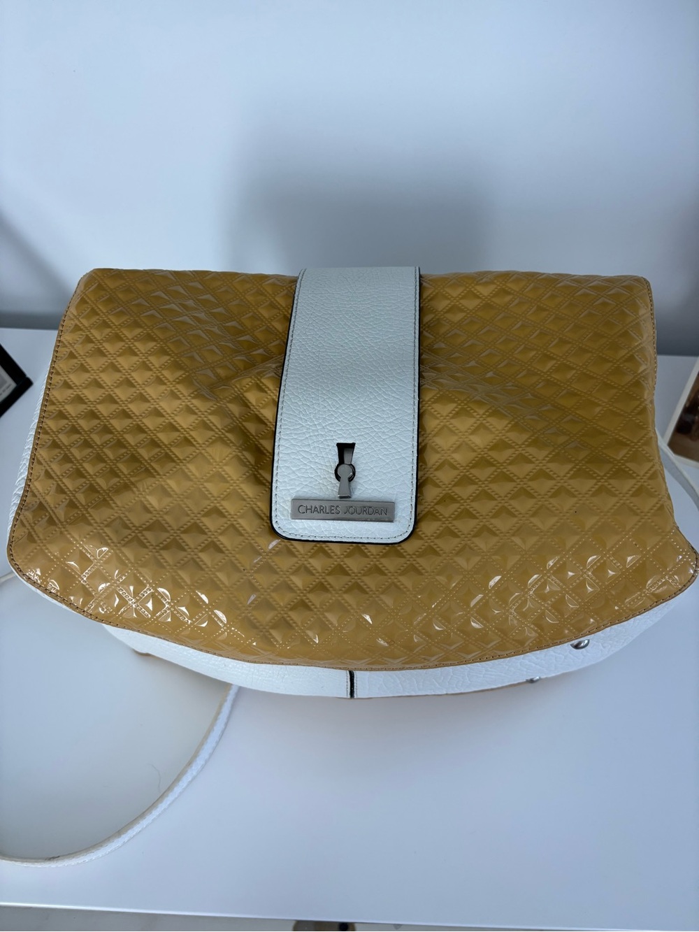 Charles Jourdan Quilted Mustard Patent and White Crossbody